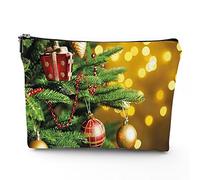 Christmas Print,Linen Makeup Bags for Women,Christmas Tree Branches Backdrop Picture,Cosmetic Bag Toiletry Bag Travel Case Waterproof,Makeup Pouch Bag for Purse,Green Red,7x9in