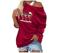 Christmas Printed T-Shirt Casual Off Shoulder Wide Loose T-Shirt Tops Women - Winter Fashion Casual Tops Women Pullover Skull, red, S