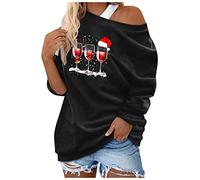 Christmas Printed T-Shirt Casual Off Shoulder Wide Loose T-Shirt Tops Women - Winter Fashion Casual Tops Women Pullover Skull, black, S