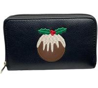 Christmas Pudding Design Zip Around Purse, Black Leather Look Ladies Purses, Festive Holiday Accessory