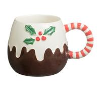 Christmas Pudding Mug, 3D Festive Ceramic Coffe Mug, Holiday Theme Cup with Candy Cane Handle, Holly Berry Decoration, White and Brown