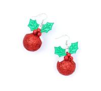Christmas Pudding Shaped Dangle Earrings, 5.5 cm Drop Length, Holly Design, Glitter Ball, Red, Gold, Silver or Green, Novelty, Fancy Dress (Red)