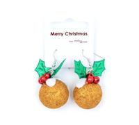 Christmas Pudding Shaped Dangle Earrings, 5.5 cm Drop Length, Holly Design, Glitter Ball, Red, Gold, Silver or Green, Novelty, Fancy Dress (Gold)