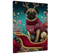 Christmas Pug Canvas Wall Art, Red Green Cute Dog Poster Prints, Winter Holiday Wall Decor for Living Room, Bedroom, Office, Wrapped Canvas 16x20 Inch
