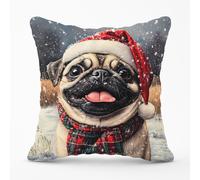 Christmas Pug Cushion Warren Reed - Designer Brown 45cm x 45cm
