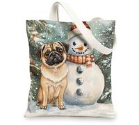 Christmas Pug Dog Canvas Tote Bag for Shopping 13 * 15, Xmas Snowmen Tree Reusable Grocery Bag for Women, Pet Work Travel Painting Gift Decor