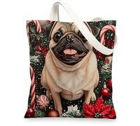 Christmas Pug Dog Canvas Tote Bag for Shopping 13x15, Xmas Candy Poinsettia Puppy Reusable Grocery Print Bag for Women Men, Holiday Pet Aesthetic Painting Gift Decor
