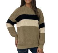 Christmas Pullover Sweater for Women Knitted Top Big Size Lazy Wind Collision Striped Knit Sweater Tops Women 2024 New Ladies Round Neck Long Sleeve Jumper Womens Jumpers (Khaki, M)