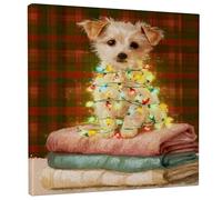 Christmas Puppy Wall Art, Cute Dog with Colorful Lights Canvas Print, Holiday Aesthetic Decor for Living Room, Bedroom, Bathroom, Dorm, Wrapped Canvas 12x12 Inch