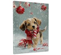 Christmas Puppy Wall Art, Red Brown Dog Canvas Prints, Cute Animal Decor for Living Room, Bedroom, Holiday Aesthetic 12x16 Inch