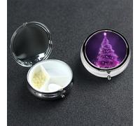 Christmas Purple Tree Pill Box with Mirror 3 Compartment Decorative Pill Case for Purse or Pocket Small Round Pill Organizer Weekly Metal Medicine Tablet Vitamin Holder Travel Gift