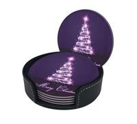 Christmas Purple Tree Print Chic Round Leather Coasters â€“ Set Of 6 Full-Print Coasters In A Premium Pu Leather Storage Box