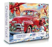 Christmas Puzzle 500 Pieces Puzzles for Adults - Red Truck Winter Scene with Dogs, Jigsaw Puzzle with Letter on Back, Dust-Free, Holiday Decor Gift for Adults and Teens, 23"x15"