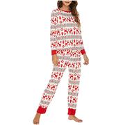 Christmas Pyjamas For Women 2 Piece Sleepwear Reindeer Pyjamas Long Sleeve Ladies Pjs Set Xmas Elk NIghtwear T-Shirt Trousers SetsLadies Loungewear Pajamas Set NightwearWhite XL