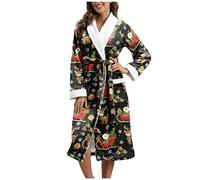 Christmas Pyjamas For Women Cotton Flannel - Womens Nightwear Plus Size V-Neck Dressing Gown Christmas Tree Santa Claus Snowman Floral Printed Pyjamas Set Cotton Winter Lightweight Bathrobe Black