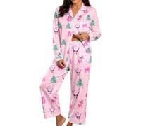 Christmas Pyjamas for Women Xmas Matching Pjs Lounge Wear Sets | Silk Satin Long Sleeve Button Down Shirts and Wide Leg Trousers Autumn Winter Nightwear Plus Size Co Ord Outfits Sleepwear