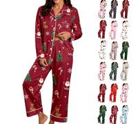 Christmas Pyjamas for Women Xmas Matching Pjs Lounge Wear Sets | Silk Satin Long Sleeve Button Down Shirts and Wide Leg Trousers Autumn Winter Nightwear Plus Size Co Ord Outfits Sleepwear