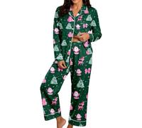 Christmas Pyjamas for Women Xmas Matching Pjs Lounge Wear Sets | Silk Satin Long Sleeve Button Down Shirts and Wide Leg Trousers Autumn Winter Nightwear Plus Size Co Ord Outfits Sleepwear