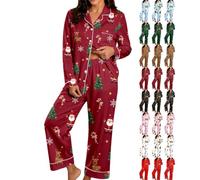 Christmas Pyjamas for Women Xmas Tree Santa Claus Print Silk Pjs 2 Piece Lounge Wear Button Down Long Sleeve Nightwear Ladies Lightweight Matching Sleepwear Pijama Party