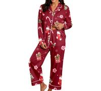 Christmas Pyjamas for Women Xmas Tree Santa Claus Print Silk Pjs 2 Piece Lounge Wear Button Down Long Sleeve Nightwear Ladies Lightweight Matching Sleepwear Pijama Party