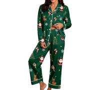 Christmas Pyjamas for Women Xmas Tree Santa Claus Print Silk Pjs 2 Piece Lounge Wear Button Down Long Sleeve Nightwear Ladies Lightweight Matching Sleepwear Pijama Party