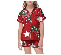 Christmas Pyjamas Kids Silk Pyjamas Girls Boys Short Sleeve Satin Pyjamas Sets Button-Down Silk Nightwear Two Piece Comfy Sleepwear and Loungewear Set Children Sleepwear Teens Age (Red, 8-9 Years)