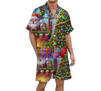 Christmas Pyjamas Men's Short 2-Piece Short Sleeve Shirt and Shorts Two Piece Christmas Print Funny Christmas Pyjamas Loose Fit Lapel Leisure Suit Comfortable Pyjama Set, O Navy, 3XL