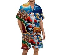 Christmas Pyjamas Men's Short 2-Piece Short Sleeve Shirt and Shorts Two Piece Christmas Print Funny Christmas Pyjamas Loose Fit Lapel Leisure Suit Comfortable Pyjama Set, O Red, M