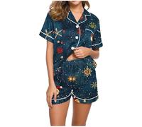 Christmas Pyjamas Set for Women 2 Piece Pyjama Xmas Tree Santa Snowflake Pjs Set Two Piece Pj Sets Button Down Short Sleeve Tops and Shorts Loose Comfy Sleepwear Christmas Loungewear Gifts for Her