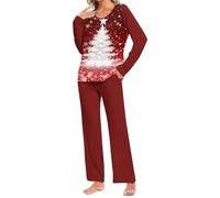 Christmas Pyjamas Women Plus Size Ladies Pajamas Set Xmas Tree Print 2 Piece Outfits Long Sleeve Top and Pants Pjs Set With Pocket Loose Pajamas Soft Nightwear Sleepwear 04 Red XL