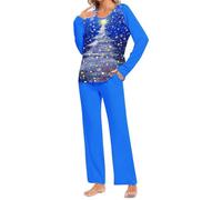 Christmas Pyjamas Women Plus Size Ladies Pajamas Set Xmas Tree Print 2 Piece Outfits Long Sleeve Top and Pants Pjs Set With Pocket Loose Pajamas Soft Nightwear Sleepwear 03 Blue 3XL