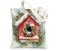 Christmas Quail Bird Canvas Tote Bag for Shopping 13 * 15, Fun Watercolor Birdhouse Reusable Grocery Bag for Women, Winter Travel Pattern Gift Decoration