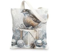 Christmas Quail Bird Canvas Tote Bag for Shopping 13 * 15, Luxury Xmas Gifts Box Reusable Grocery Bag for Women, Winter Travel Painting Gift Decoration
