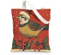 Christmas Quail Bird Canvas Tote Bag for Shopping 13 * 15, Vintage Xmas Poinsettia Reusable Grocery Shoulder Cloth Bag for Women, Winter Painting Gift Decor