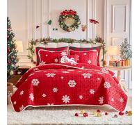 Christmas Quilt Set 3 Pieces King Size, White Snowflake on Red Xmas Holiday Design Reversible Bedspread Coverlet Set, Soft Microfiber Lightweight Bed Cover for All Season (1 Quilt+ 2 Pillow Shams)