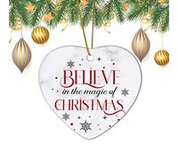 Christmas Quote Heart Shape Ceramic Ornament Believe in The Magic of Christmas Porcelain Christmas Tree Pendant Hanging Decoration for Winter Holiday Home Decor Novelty Gift