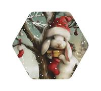 Christmas Rabbit Bunny Print Leather Coaster Set of 6, Hexagon Coasters Table Decorative Coffee Cup Beverage Coasters Wine Beer Bar Coasters for Hot Drinks Table Protection