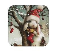 Christmas Rabbit Bunny Print Leather Coaster Set of 6, Square Coasters Table Decorative Coffee Cup Beverage Coasters Wine Beer Bar Coasters for Hot Drinks Table Protection