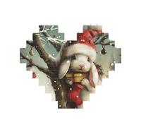 Christmas Rabbit Bunny Printed Jigsaw Puzzle 10.8x12.8 CM, Heart-Shaped Puzzle Challenging Game for Adults, Fun Decorative Wall Decor