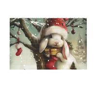 Christmas Rabbit Bunny Printed Jigsaw Puzzle 14.4x9.8 CM, Rectangular Puzzle Challenging Game for Adults Gifts, Family Fun Decorative Wall Decor