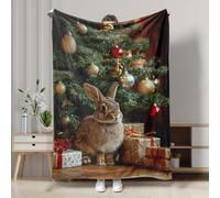 Christmas Rabbit Fleece Blanket, Brown Cozy Bunny Print Winter Holiday Throw Blanket, Soft Warm Snuggle Blanket for Sofa, Bed, All Season 50x60 Inch