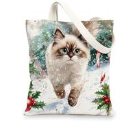 Christmas Ragdoll Cats Canvas Tote Bag for Shopping 13 * 15, Cute Funny Xmas Reusable Grocery Bag for Women, Pet Work Travel Painting Gift Decor