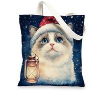 Christmas Ragdoll Cats Canvas Tote Bag for Shopping 13 * 15, Cute Xmas Stars Reusable Grocery Shoulder Bag for Women, Pet Painting Gift Decor