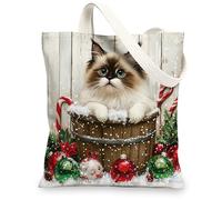 Christmas Ragdoll Cats Canvas Tote Bag for Shopping 13 * 15, Cute Xmas Wood Reusable Grocery Bag for Women, Pet Work Travel Painting Gift Decor