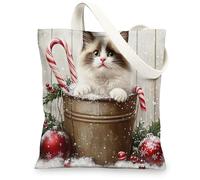 Christmas Ragdoll Cats Canvas Tote Bag for Shopping 13 * 15, Cute Xmas Wood Reusable Grocery Bag for Women, Pet Work Travel Pattern Gift Decor