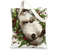 Christmas Ragdoll Cats Canvas Tote Bag for Shopping 13 * 15, Fun Xmas Hollies Reusable Grocery Bag for Women, Pet Work Travel Painting Gift Decor