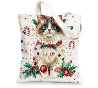 Christmas Ragdoll Cats Canvas Tote Bag for Shopping 13 * 15, Funny Xmas Balls Reusable Grocery Bag for Women, Pet Work Travel Pattern Gift Decor