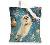Christmas Ragdoll Cats Canvas Tote Bag for Shopping 13 * 15, Luxury Snowflakes Reusable Grocery Bag for Women, Pet Travel Pattern Gift Decoration