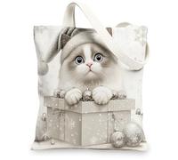 Christmas Ragdoll Cats Canvas Tote Bag for Shopping 13 * 15, Luxury Xmas Gifts Reusable Grocery Shoulder Cloth Bag for Women, Pet Painting Gift Decor