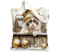 Christmas Ragdoll Cats Canvas Tote Bag for Shopping 13 * 15, Luxury Xmas Truck Reusable Grocery Shoulder Cloth Bag for Women, Pet Painting Gift Decoration